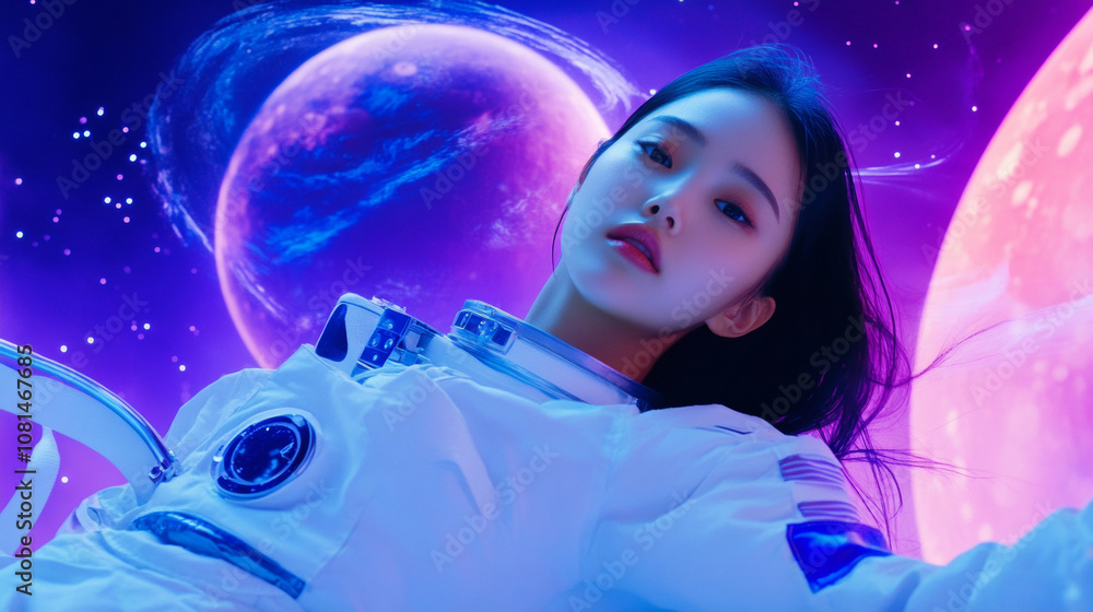 Young woman asian lady girl wearing astronaut spacesuit in space with universe planet purple pink background. futuristic cyberpunk virtual reality cyberspace dreamy cool fashion wallpaper Young woman asian lady girl wearing astronaut spacesuit in space with universe planet purple pink background. futuristic cyberpunk virtual reality cyberspace dreamy cool fashion wallpaper