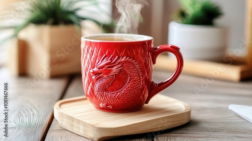 Wallpaper Mural Vibrant Red Dragon Mug with Steam Rising, Surrounded by Natural Elements and Wooden Accents, Perfect for Cozy Beverage Moments and Aesthetic Environments Torontodigital.ca