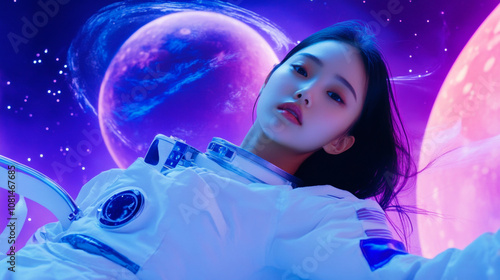 Young woman asian lady girl wearing astronaut spacesuit in space with universe planet purple pink background. futuristic cyberpunk virtual reality cyberspace dreamy cool fashion wallpaper photo