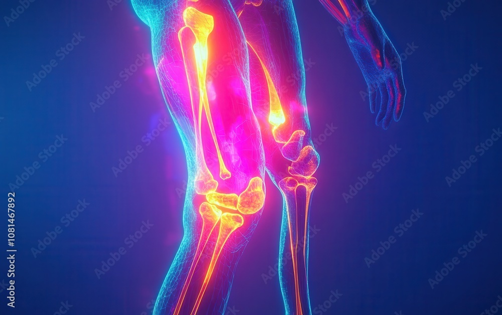 A 3D medical illustration of a human body with pain in the knee area, shown in vivid colors against a blue background. A 3D medical illustration of a human body with pain in the knee area, shown in vivid colors against a blue background.