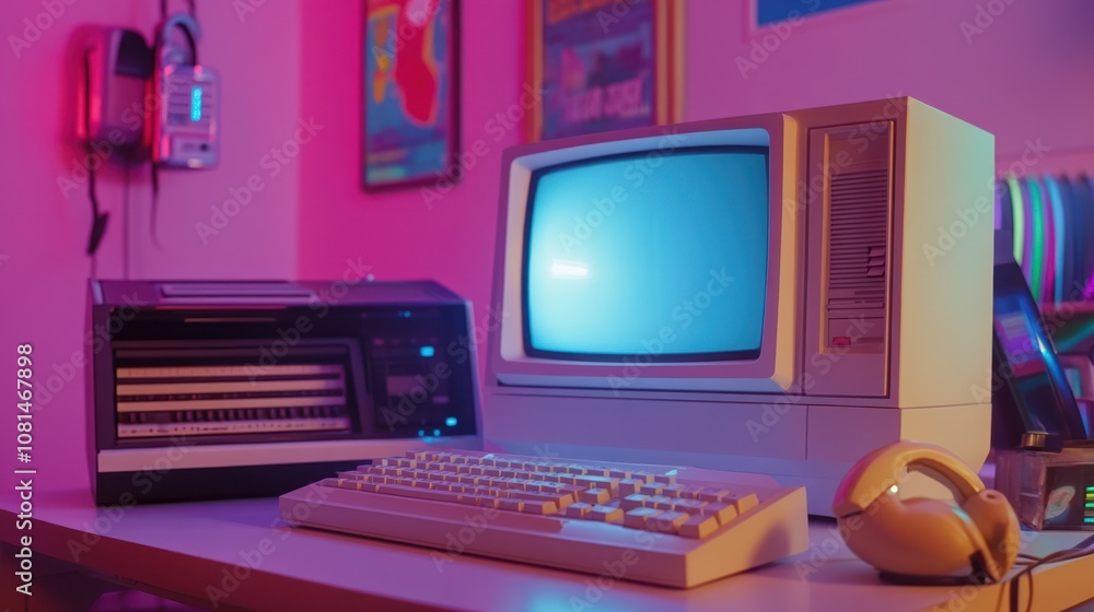 Retro Computer Setup with Neon Lights Retro Computer Setup with Neon Lights