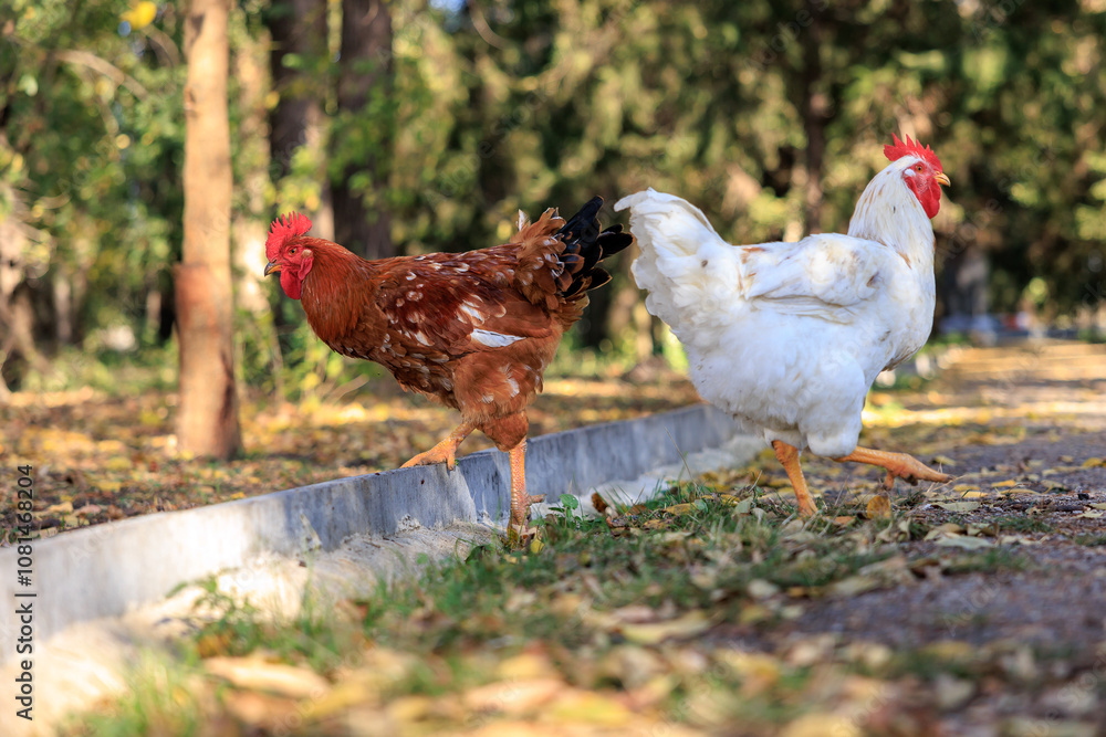 Fototapeta premium Two chickens walking on a sidewalk