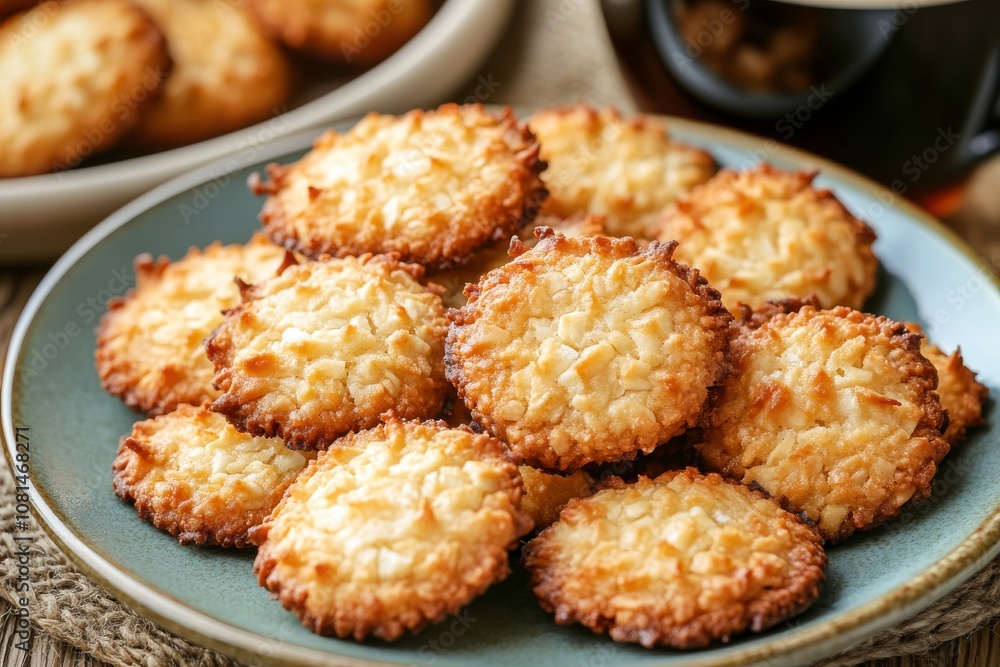 Golden coconut cookies on a plate. Golden coconut cookies on a plate.