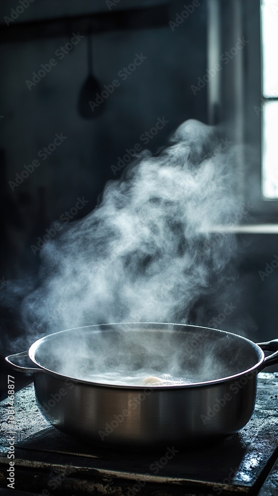 Moody Close-up of a Steaming Pot on a Dark Kitchen Counter Moody Close-up of a Steaming Pot on a Dark Kitchen Counter