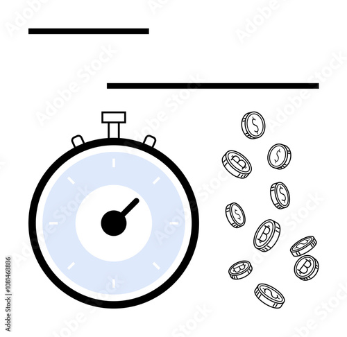 A stopwatch with coins around signifies time management and financial investment. Ideal for productivity, efficiency, savings, budgeting, deadlines, time-is-money, financial planning. Line metaphor