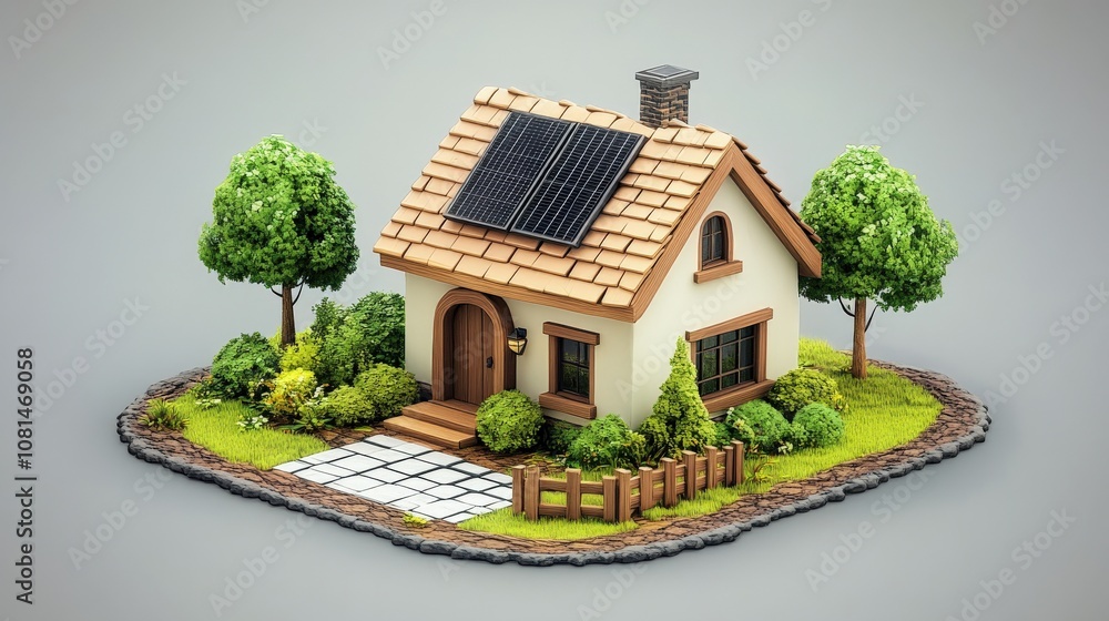 Cute cartoon mesh house model featuring a tab shingle roof and black solar panel on top, rounded features with eco-friendly elements, sustainability in a friendly, approachable style. Cute cartoon mesh house model featuring a tab shingle roof and black solar panel on top, rounded features with eco-friendly elements, sustainability in a friendly, approachable style.