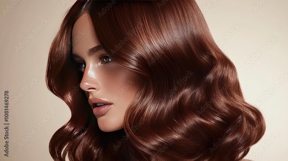Stunning Close-Up of a Model with Glossy, Luxurious Chestnut Hair Showcasing Soft Waves and Radiant Skin Tone Against a Neutral Background Stunning Close-Up of a Model with Glossy, Luxurious Chestnut Hair Showcasing Soft Waves and Radiant Skin Tone Against a Neutral Background