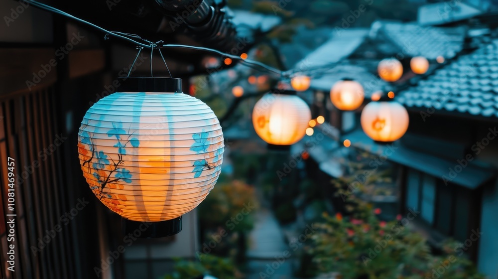 Fototapeta premium Beautifully Illuminated Paper Lanterns Hanging Along a Traditional Japanese Street at Dusk with Soft Glowing Light and Scenic Architecture in Background