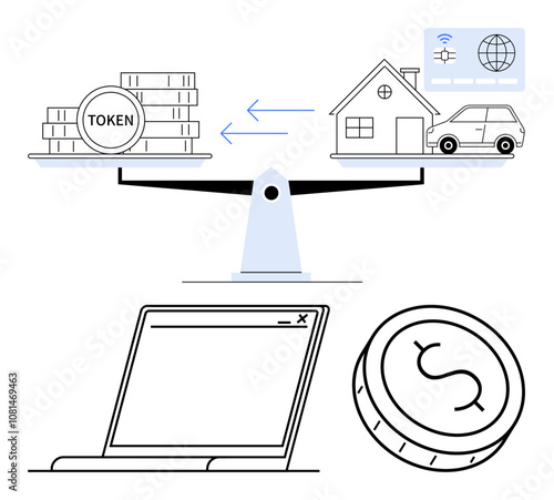 Balancing act between tokens and assets thumbs up house and car on scales. Ideal for finance, blockchain, cryptocurrency, real estate investment, digital transactions, online banking, asset