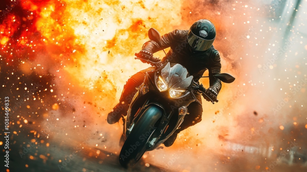 A man is riding a motorcycle through a fiery explosion A man is riding a motorcycle through a fiery explosion