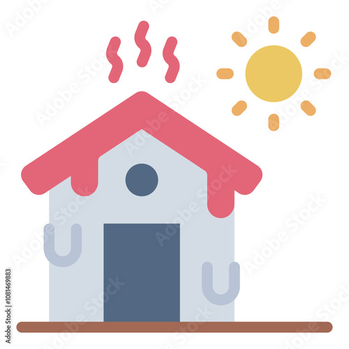 flat icon depicting a heatwave affecting a house, symbolizing extreme climate heat.