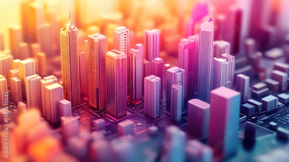 A miniature cityscape with buildings rendered in vibrant hues against a glowing background. A miniature cityscape with buildings rendered in vibrant hues against a glowing background.