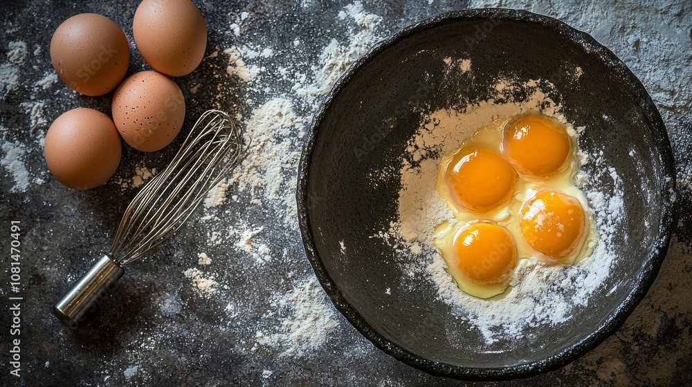 Eggs and flour in preparation for baking on rustic background Eggs and flour in preparation for baking on rustic background