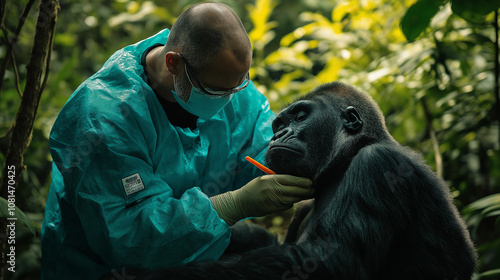 Vet examining tranquilized gorilla in jungle setting, calm and focused photo