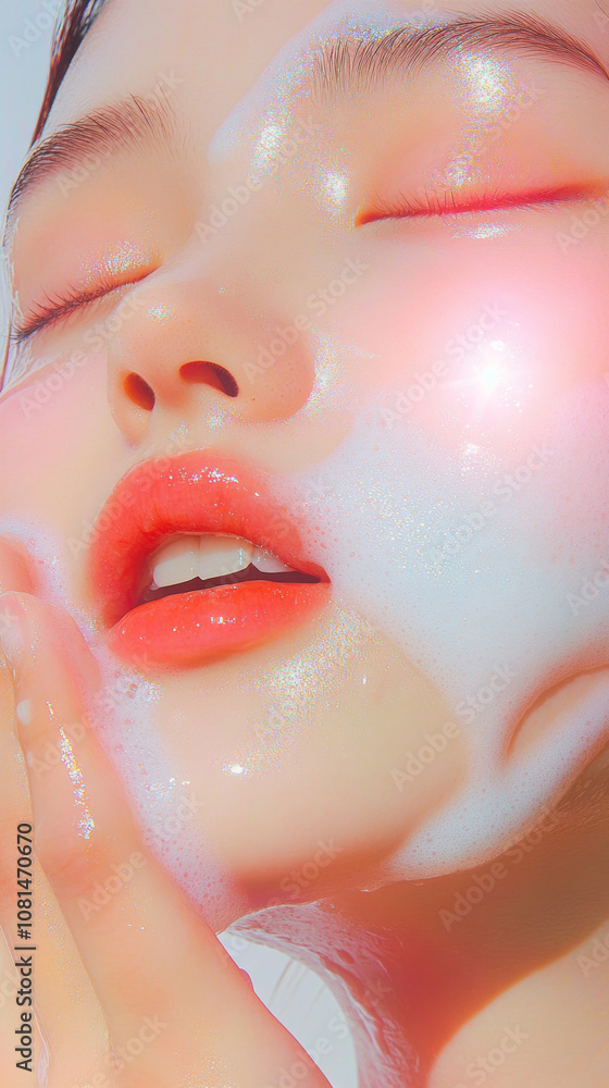 Fototapeta premium Smile asian young woman wash face with foam facial cleanser gel. Happy facial beauty massage show apply cosmetic product on skin cheeks routine with closed eyes fresh background. skincare spa salon