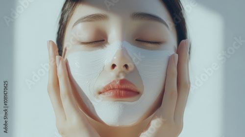 Smile asian young woman wash face with facial mask cream skincare. Happy facial beauty massage show apply cosmetic product on skin cheeks routine with closed eyes fresh background. spa salon