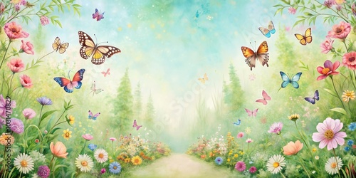 Fototapeta Naklejka Na Ścianę i Meble -  Pastel paper garden scene with butterflies and flower path, pastel, paper, garden, scene, butterflies, flower, path