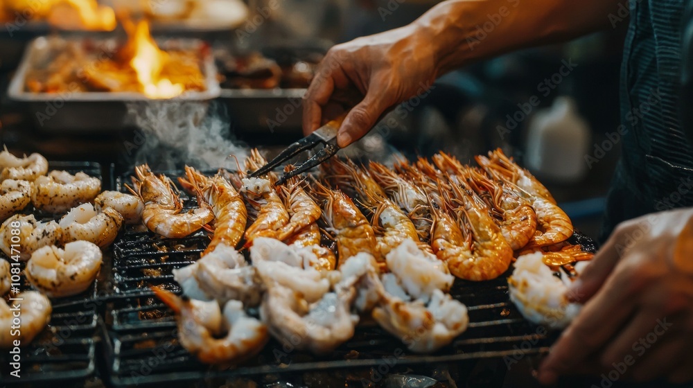 Grilled shrimp and prawns on barbecue with chef's hand Grilled shrimp and prawns on barbecue with chef's hand