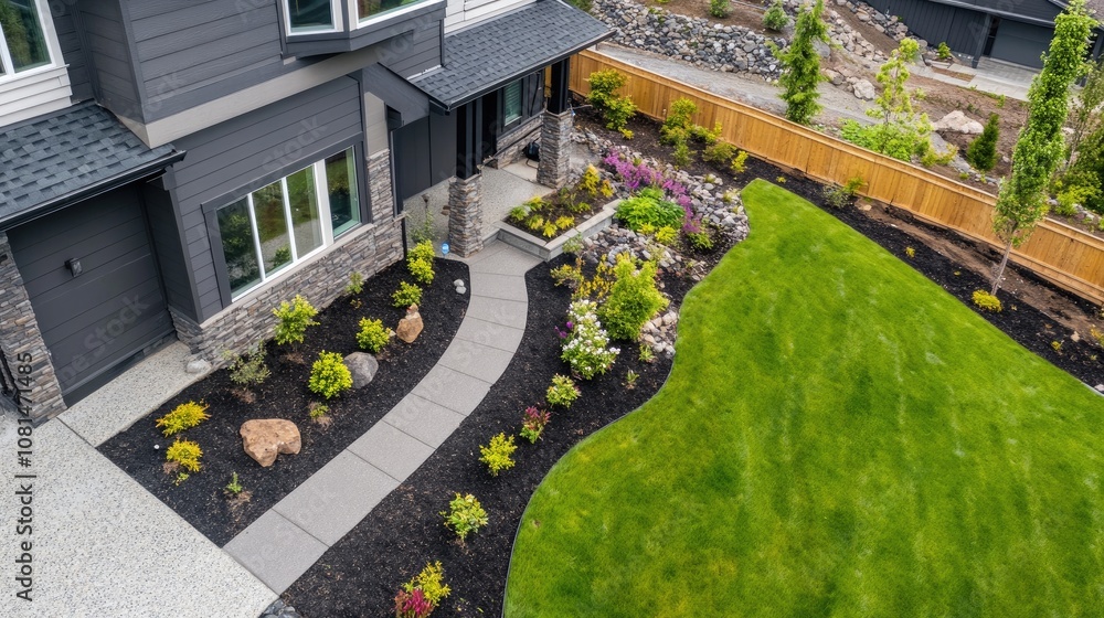Obraz premium Stunning Aerial View of a Modern Home with Beautiful Landscaping, Pathway, and Lush Green Lawn Featuring a Variety of Colorful Plants and Decorative Stones