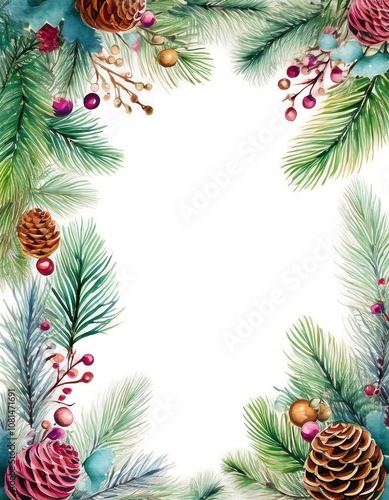 Elegant watercolor Christmas tree branches with ornaments in a delicate border frame for festive decoration. Generative AI