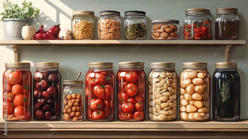 Shelves filled with jars of various preserved foods and ingredients. Shelves filled with jars of various preserved foods and ingredients.