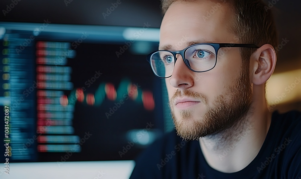 A focused young man in glasses looking at a computer screen with stock market data. A focused young man in glasses looking at a computer screen with stock market data.