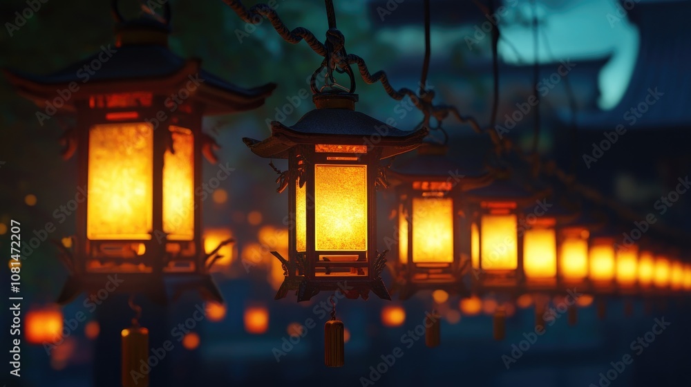 Obraz premium Enchanting Lanterns Illuminating a Serene Pathway in Traditional Asian Setting at Dusk, Highlighting Soft Glow and Rich Cultural Heritage