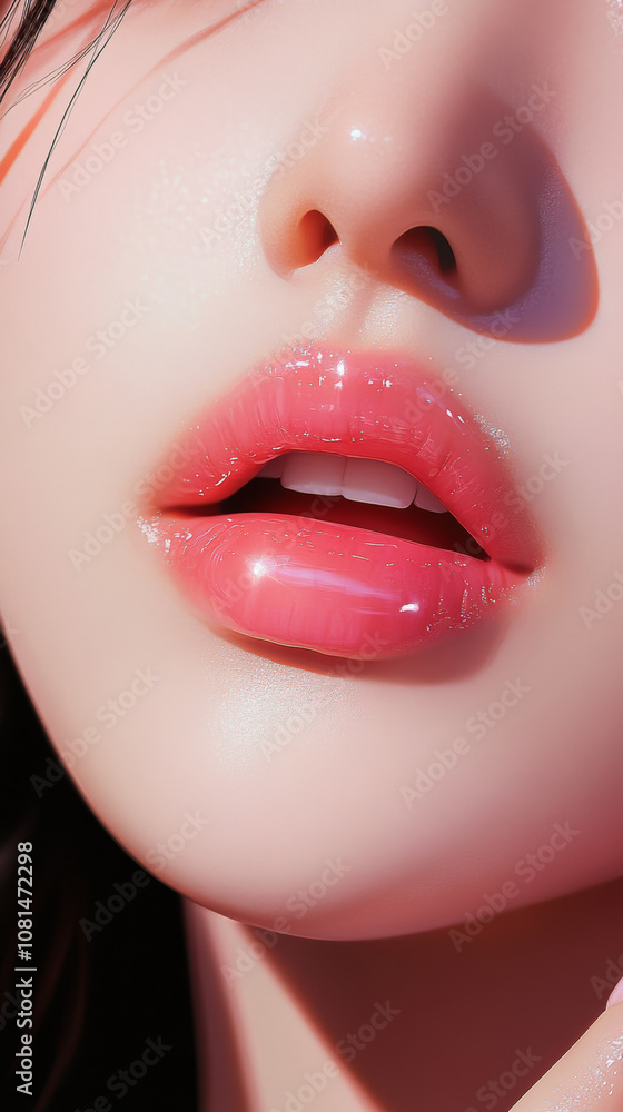 Fototapeta premium Close up of asian young woman lips with hand finger touch her pink lip gloss with manicure background. cosmetic beauty products makeup advertising fashion lipstick and nail polish luxury poster