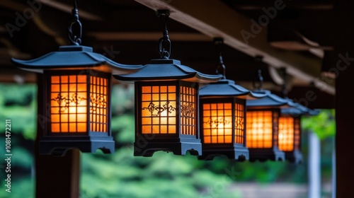 Traditional Japanese Lanterns Illuminating Serene Outdoor Space with Warm Glow and Nature Background, Perfect for Tranquil Ambiance or Cultural Theme