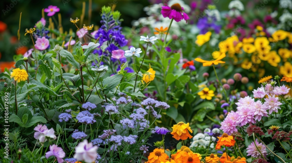 Naklejka premium A garden with flowers of different species blooming together in harmony, Representing the beauty and strength of diversity in nature and society, photography style