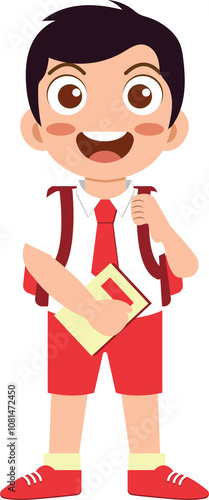 Happy schoolboy with backpack and book