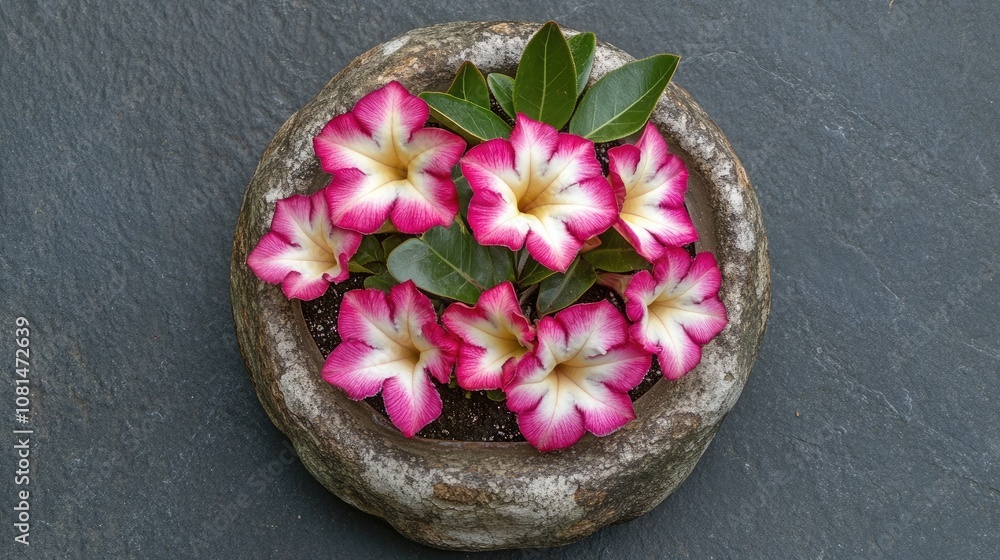 Beautiful pink and white desert rose flowers blooming in a rustic stone pot on a textured surface, creating a vibrant and natural decorative arrangement. Beautiful pink and white desert rose flowers blooming in a rustic stone pot on a textured surface, creating a vibrant and natural decorative arrangement.