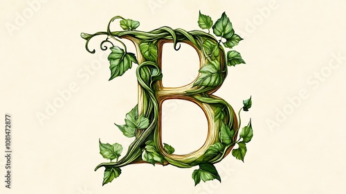 A green plant-themed letter B, designed with leaves and vines wrapping around the letter photo