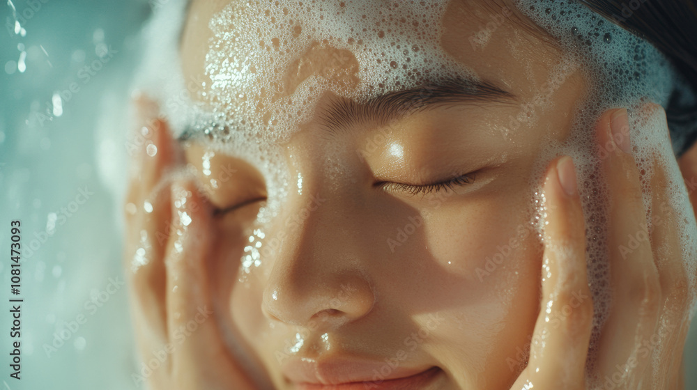Smile asian young woman wash face with foam facial cleanser gel. Happy facial beauty massage show apply cosmetic product on skin cheeks routine with closed eyes fresh background. skincare spa salon Smile asian young woman wash face with foam facial cleanser gel. Happy facial beauty massage show apply cosmetic product on skin cheeks routine with closed eyes fresh background. skincare spa salon