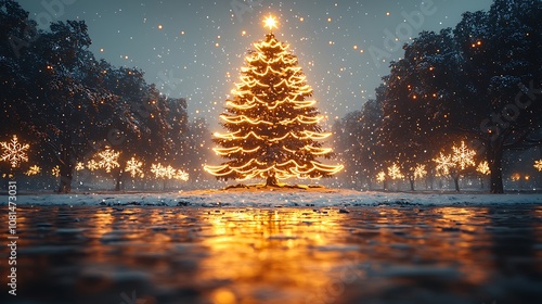 Magical Christmas Tree in Snowy Forest with Lights and Snowflakes