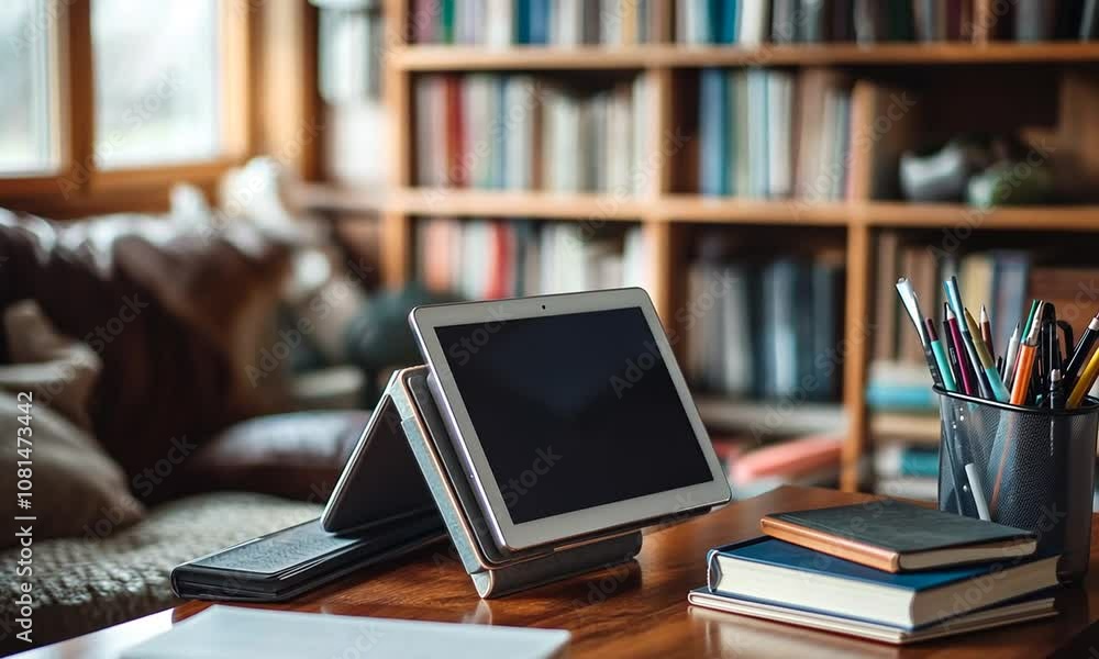 A tablet on a stand beside books on a wooden table in a cozy library setting. A tablet on a stand beside books on a wooden table in a cozy library setting.