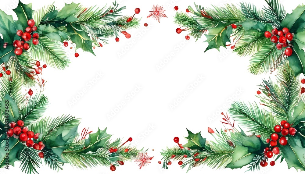 Watercolor New Year frame with Christmas tree branches and holly for a festive celebration. Generative AI Watercolor New Year frame with Christmas tree branches and holly for a festive celebration. Generative AI