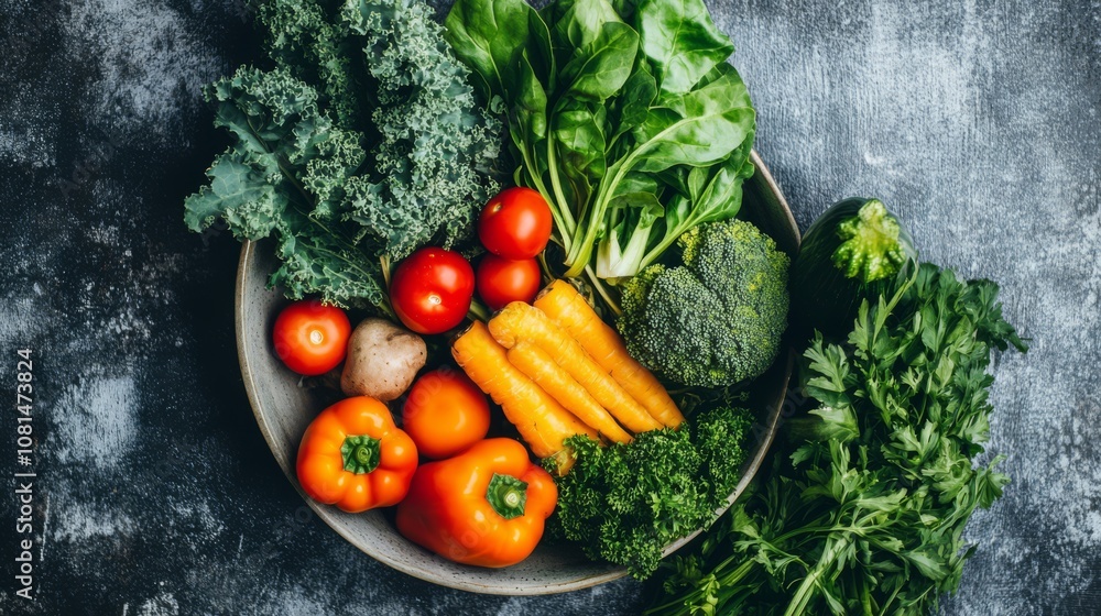 A bowl of fresh, colorful vegetables, including kale, spinach, tomatoes, carrots, bell peppers, broccoli, and parsley. A bowl of fresh, colorful vegetables, including kale, spinach, tomatoes, carrots, bell peppers, broccoli, and parsley.