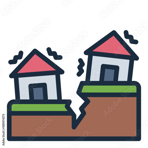 filled line icon of earthquake damage symbolizing the structural impact of tremors.
