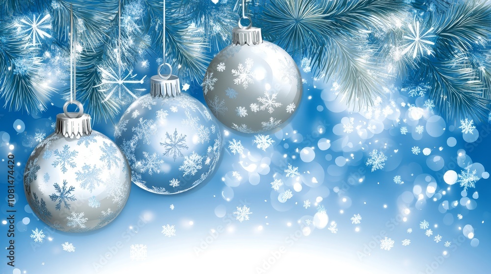 A festive winter scene featuring silver ornament and snowflakes on a blue background. A festive winter scene featuring silver ornament and snowflakes on a blue background.