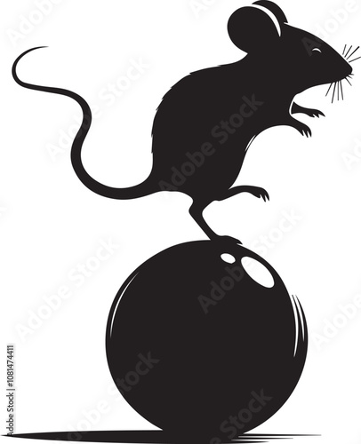 Mouse silhouette balancing on a ball tiny tail extended for balance