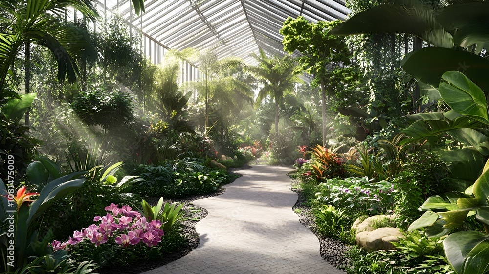 Obraz premium lush botanical garden featuring mix of tropical plants, vibrant flowers, and serene pathway. Sunlight filters through glass roof, creating tranquil atmosphere