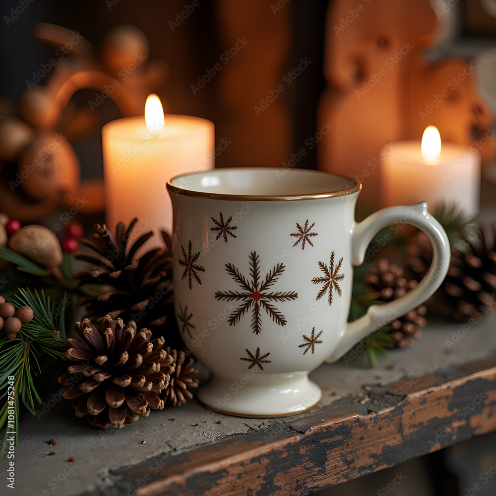 Cozy holiday scene with decorative snowflake mug and pinecones surrounded by glowing candles, photography of still life concept. Cozy holiday scene with decorative snowflake mug and pinecones surrounded by glowing candles, photography of still life concept.