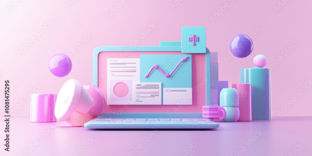 salary paycheck. A vibrant 3D illustration of a laptop displaying data analytics with colorful geometric shapes, symbolizing modern technology and digital marketing. salary paycheck. A vibrant 3D illustration of a laptop displaying data analytics with colorful geometric shapes, symbolizing modern technology and digital marketing.