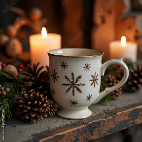 Wallpaper Mural Cozy holiday scene with decorative snowflake mug and pinecones surrounded by glowing candles, photography of still life concept. Torontodigital.ca