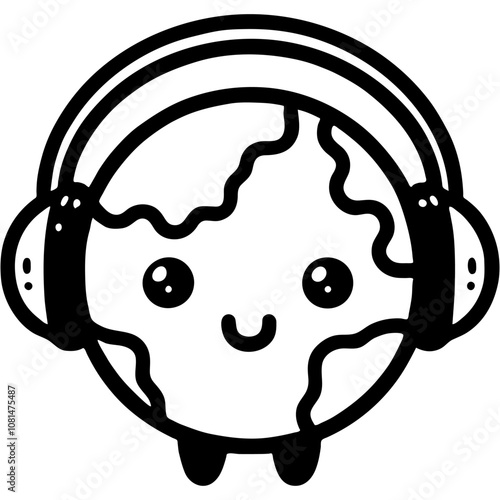 Toy planet earth DJ radio host in headphones in monochrome. Simple minimalistic vector in black ink drawing on transparent background