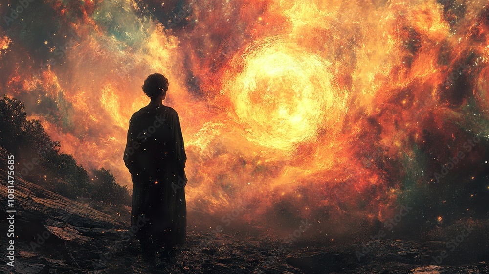 A Solitary Figure Contemplates the Cosmic Fire: A Surreal Journey Through the Stars A Solitary Figure Contemplates the Cosmic Fire: A Surreal Journey Through the Stars