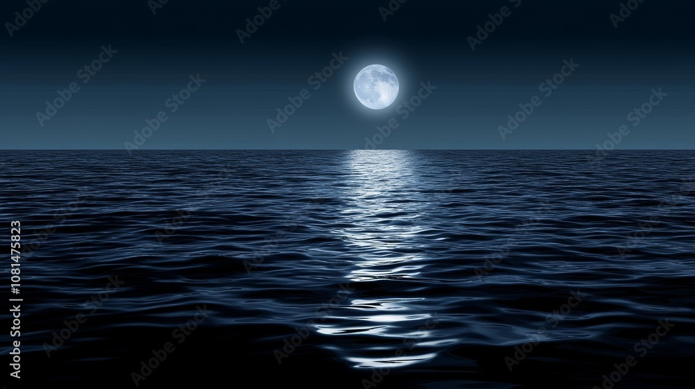 A serene night scene featuring a full moon reflecting on calm ocean waters. A serene night scene featuring a full moon reflecting on calm ocean waters.