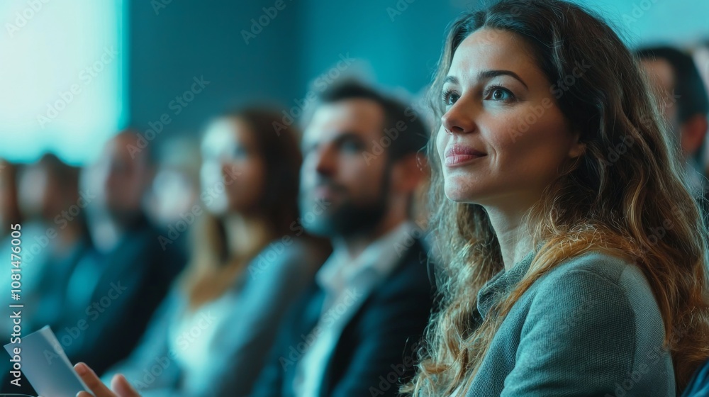 Fototapeta premium A woman engaging in a professional conference discussion while listening attentively to a speaker during a morning session