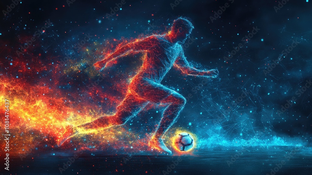 Naklejka premium A silhouette of a soccer player running with a ball, his form made of fire and energy particles.